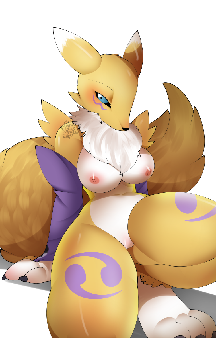2019 angel_(artist) anthro armwear black_sclera blue_eyes blush breasts clothing digimon digimon_(species) female fluffy fluffy_tail fur looking_at_viewer mostly_nude neck_tuft nipples pussy renamon simple_background solo tuft white_background white_fur yellow_fur