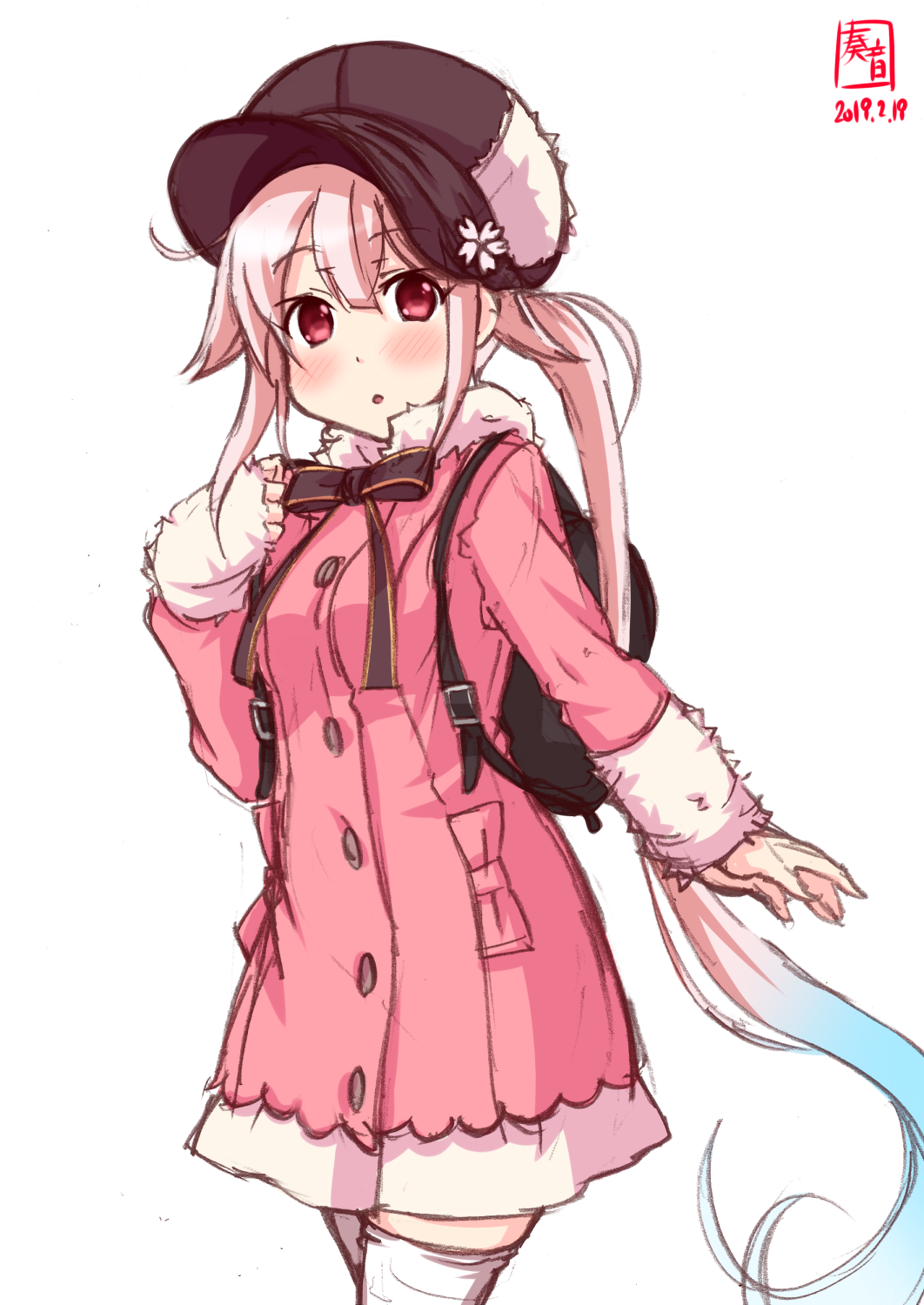 1girl alternate_costume artist_logo backpack bag beret blue_hair brown_hat coat commentary_request cowboy_shot dated flower fur-trimmed_coat fur_trim gradient_hair hair_flower hair_ornament harusame_(kantai_collection) hat highres kanon_(kurogane_knights) kantai_collection long_hair looking_at_viewer multicolored_hair pink_coat pink_hair red_eyes side_ponytail simple_background solo thighhighs white_background white_legwear