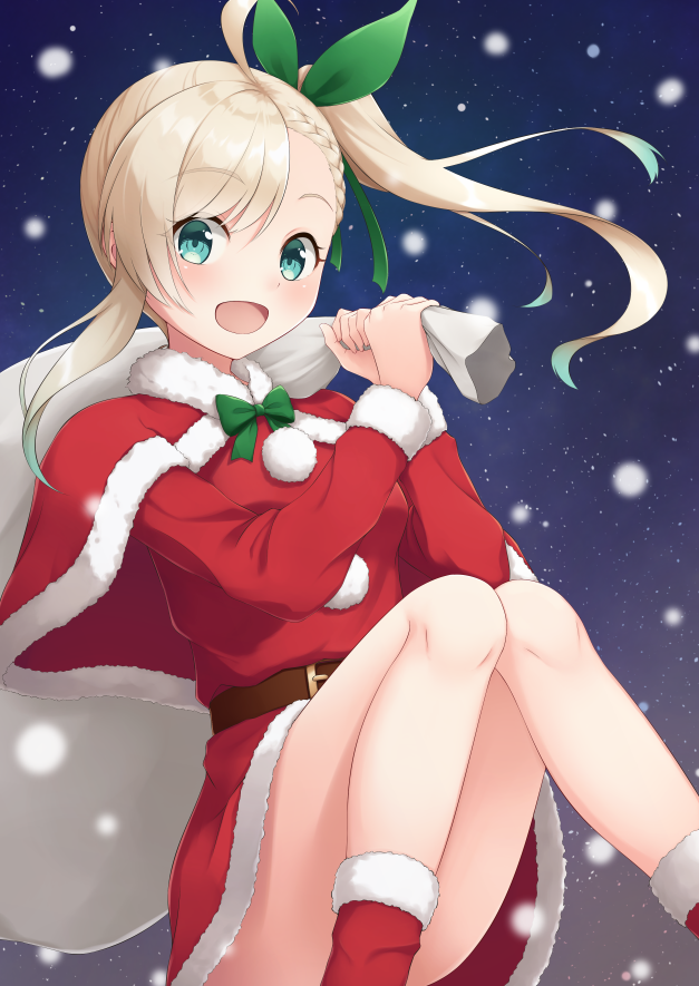 1girl :d alternate_costume carrying_over_shoulder chateau_de_chinon_(oshiro_project) christmas midoriyama_soma open_mouth oshiro_project oshiro_project_re santa_costume smile snow snowing solo