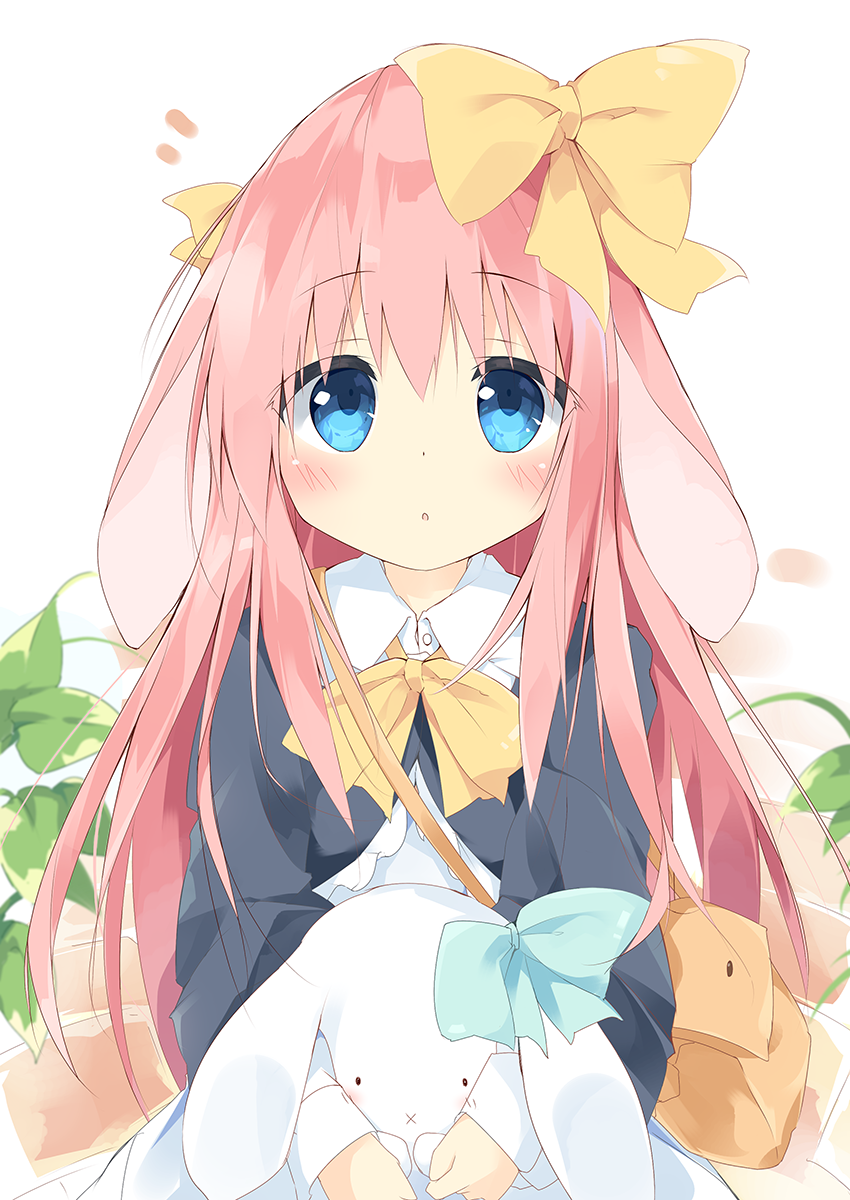 1girl :o animal_ears bag bangs black_jacket blue_bow blue_eyes blush bow bunny_ears collared_dress commentary_request dress eyebrows_visible_through_hair floppy_ears hair_between_eyes hair_bow highres jacket kushida_you long_hair long_sleeves object_hug original parted_lips pink_hair shoulder_bag sleeves_past_wrists solo stuffed_animal stuffed_bunny stuffed_toy very_long_hair white_dress yellow_bow