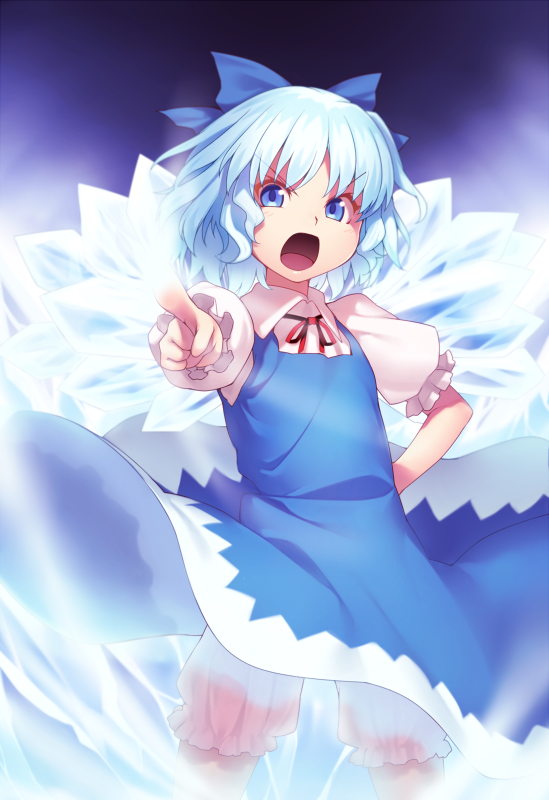 1girl aura bangs black_background bloomers blue_bow blue_dress blue_eyes blue_hair bow cirno commentary_request cowboy_shot dress eyebrows_visible_through_hair foreshortening glowing glowing_wings hair_bow hand_on_hip ice ice_wings kaiza_(rider000) looking_at_viewer neck_ribbon open_mouth pinafore_dress pointing pointing_at_viewer puffy_short_sleeves puffy_sleeves red_neckwear red_ribbon ribbon shirt short_hair short_sleeves solo standing touhou underwear v-shaped_eyebrows white_shirt wing_collar wings