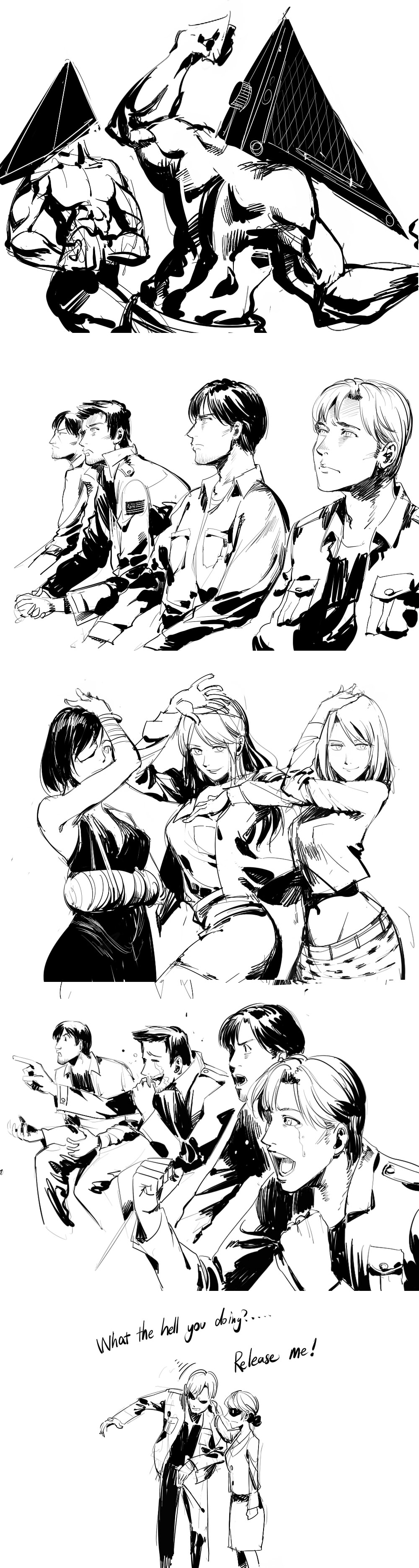 absurdres alex_shepherd apron breasts chinese_commentary clenched_hands commentary_request crossover eileen_galvin gaijin_4koma greyscale groin hat helmet henry_townshend highres james_sunderland jojo_pose lisa_garland long_hair long_image maria_(silent_hill) mary_shepherd-sunderland medium_breasts meme miniskirt monochrome monster multiple_boys multiple_girls murphy_pendleton open_mouth parody pose pyramid_head reaction ruukii_drift short_hair silent_hill silent_hill:_downpour silent_hill:_homecoming silent_hill_(movie) silent_hill_2 silent_hill_4 skirt smile tall_image