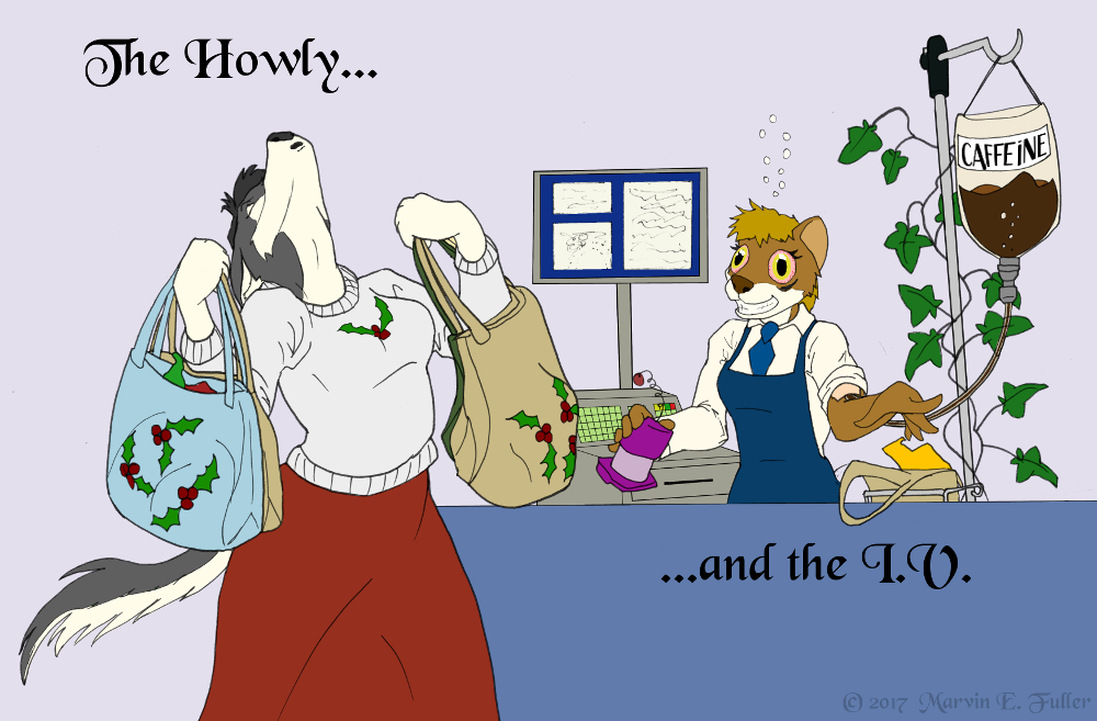 anthro apron bag beverage black_hair bloodshot_eyes brown_fur brown_hair caffeine canine cash_register christmas clothed clothing coffee cybercorn_entropic duo english_text female fur grey_fur hair holidays holly_(plant) howl humor intravenous_drip ivy_(plant) mammal mustelid necktie plant pun shopping text weasel white_fur wolf yellow_eyes