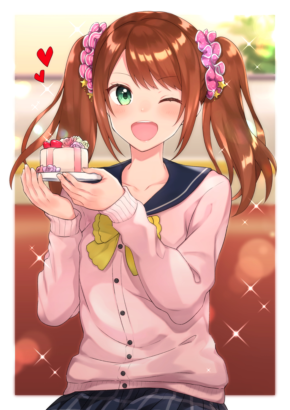 ;d akariko bangs black_skirt blurry blurry_background blush border bow bowtie brown_hair buttons cake cardigan collarbone commentary_request couch crossdressing eyebrows_visible_through_hair flower food fruit green_eyes hair_ornament hair_scrunchie heart highres holding holding_plate idolmaster idolmaster_side-m indoors long_hair long_sleeves looking_at_viewer male_focus mizushima_saki one_eye_closed open_mouth otoko_no_ko outside_border pink_cardigan pink_flower pink_scrunchie plaid plaid_skirt plate polka_dot polka_dot_scrunchie school_uniform scrunchie serafuku shiny shiny_hair sidelocks sitting skirt smile solo sparkle star star_hair_ornament strawberry striped striped_scrunchie swept_bangs twintails white_border yellow_neckwear