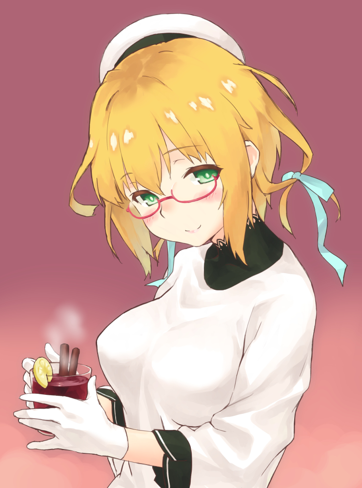 alcohol blonde_hair blue_ribbon cinnamon_stick commentary_request cup dress drinking_glass eyebrows_visible_through_hair food fruit funitarefu glass glasses gloves gluhwein gradient gradient_background green_eyes hair_ribbon holding holding_cup i-8_(kantai_collection) kantai_collection lace lace-trimmed_shirt lemon lemon_slice looking_at_viewer no_cloak pink_background ribbon shirt smile solo steam upper_body white_dress white_gloves