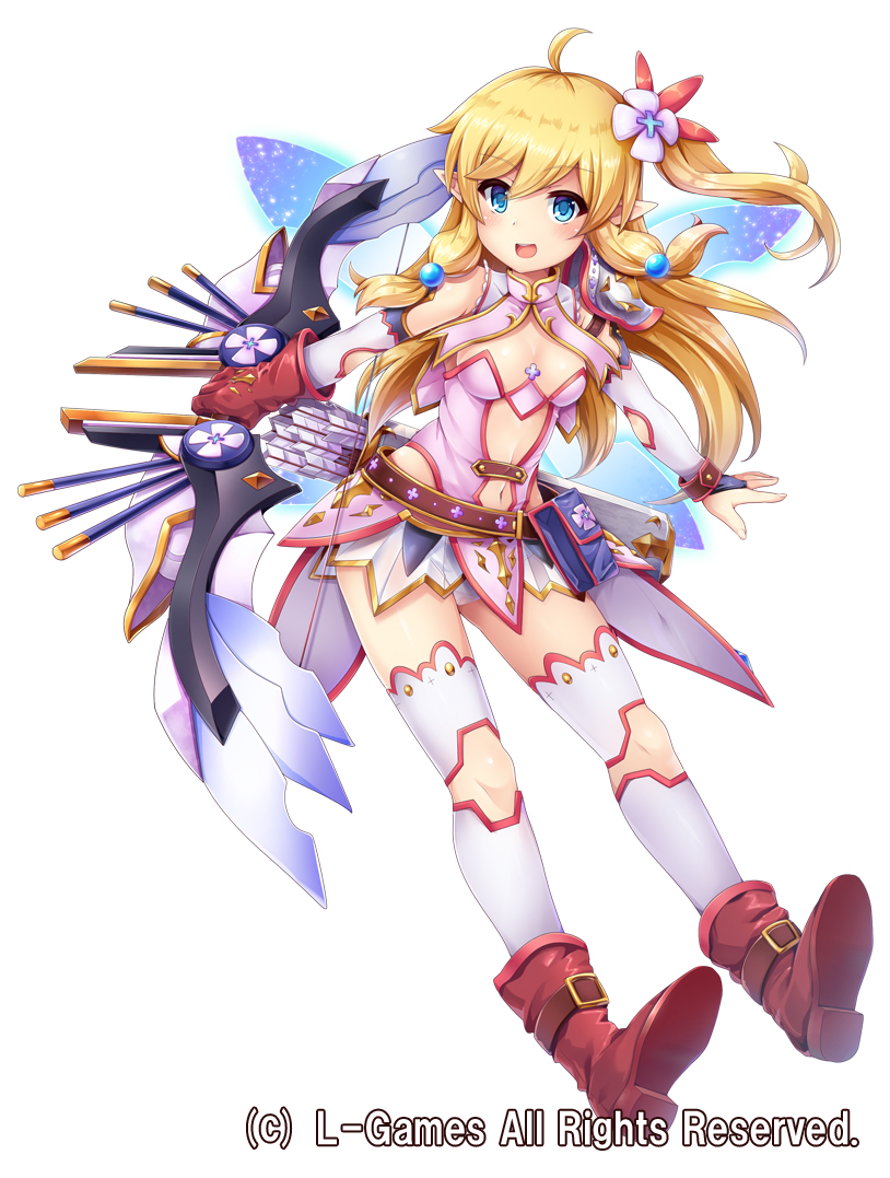 :d ahoge ankle_boots arrow bangs bare_shoulders beads belt belt_pouch blonde_hair blue_eyes boots bow_(weapon) breasts bridal_gauntlets brown_belt brown_gloves buckle cleavage commentary_request company_name covered_collarbone cross dress eyebrows_visible_through_hair fairy_wings floating_hair flower full_body gloves glowing glowing_wings hair_beads hair_between_eyes hair_flower hair_ornament holding holding_bow_(weapon) holding_weapon knee_cutout koutetsu_no_shugo_hime_heidan-maiden_ritter- long_hair looking_at_viewer microdress navel official_art open_mouth outstretched_arms panties pink_dress pointy_ears pouch quiver red_footwear samoore shiny shiny_hair shoulder_armor sidelocks simple_background single_glove single_spaulder sleeveless sleeveless_dress small_breasts smile solo spaulders thighhighs underwear weapon white_background white_legwear white_panties wings
