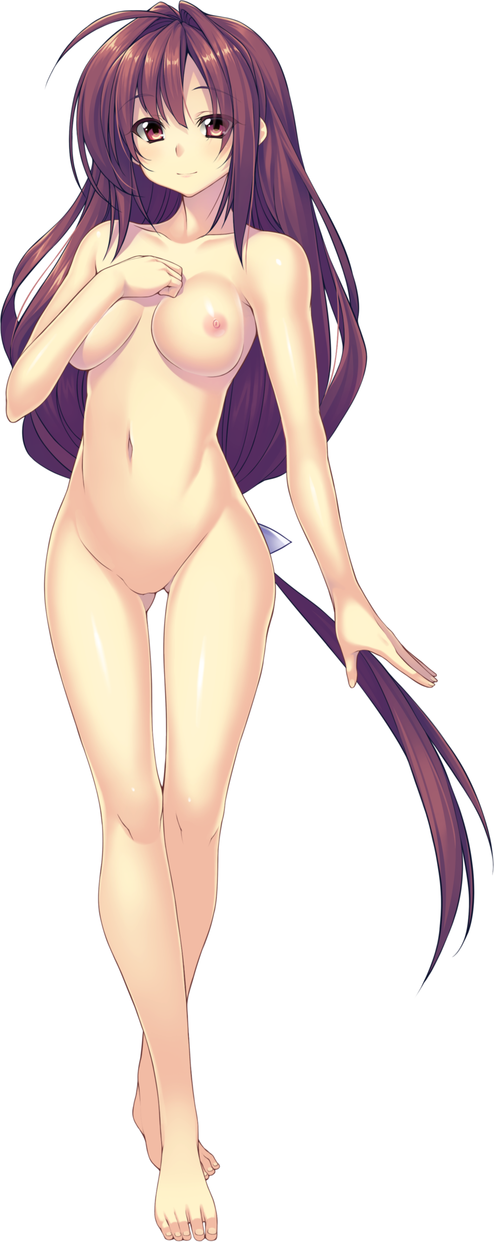 absurdres ass_visible_through_thighs barefoot breasts brown_hair collarbone eyebrows_visible_through_hair forearm_at_chest full_body highres himegami_alice kamitsurugi_ouka large_breasts long_hair low-tied_long_hair navel nipples no_pussy non-web_source nude official_art red_eyes smile solo standing transparent_background very_long_hair yami_to_hikari_no_sanctuary