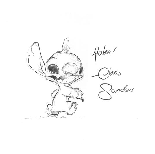 2006 alien big_nose chris_sanders claws disney experiment_(species) greyscale head_tuft head_turn lilo_and_stitch looking_at_viewer monochrome notched_ear open_mouth open_smile pencil_(artwork) signature simple_background sketch small_tail smile solo stitch traditional_media_(artwork) tuft walking white_background