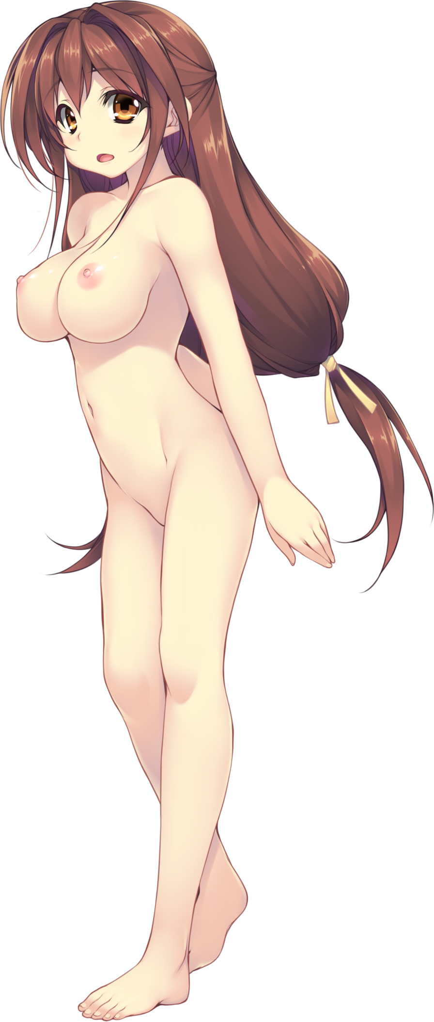 barefoot breasts brown_hair full_body hair_intakes highres kamitsurugi_ouka kidou_yuuri large_breasts long_hair looking_at_viewer low-tied_long_hair navel nipples non-web_source nude official_art open_mouth orange_eyes solo standing transparent_background yami_to_hikari_no_sanctuary