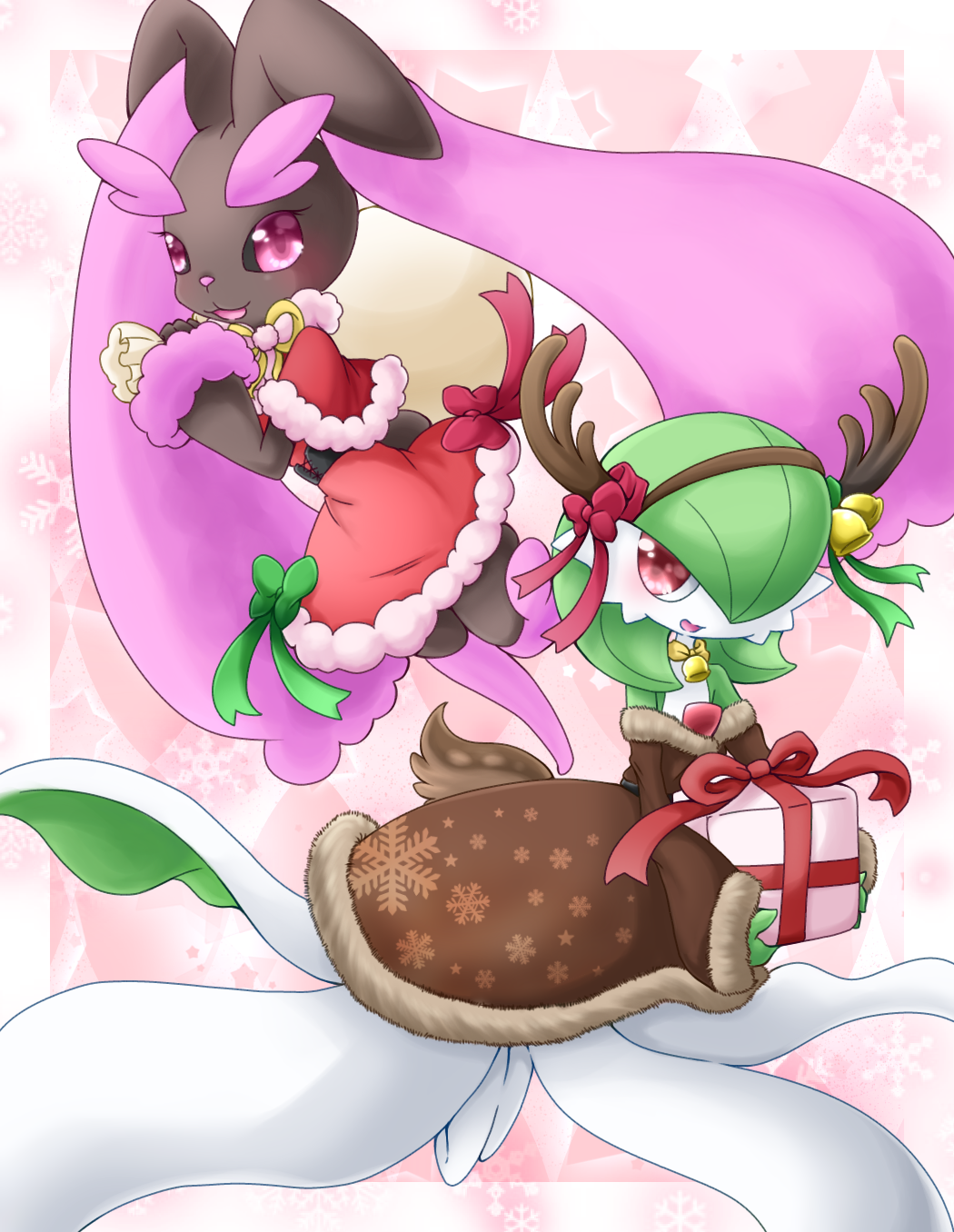 2girls :3 alternate_color animal_ears bag bare_shoulders bell black_sclera blush border bow brown_dress bunny_ears bunny_tail dress fake_horns fake_tail female full_body fur_trim furry gardevoir green_bow green_hair hair_bell hair_ornament hair_over_one_eye hand_up hands_up happy headband highres holding horns long_sleeves looking_at_viewer lopunny muguet multiple_girls no_humans open_mouth pink_background pink_eyes pokemon pokemon_(creature) pokemon_dppt pokemon_rse present red-eyes red_bow red_dress red_ribbon reindeer_horns ribbon santa_costume shiny_pokemon short_hair simple_background smile tail white_border yellow_bow