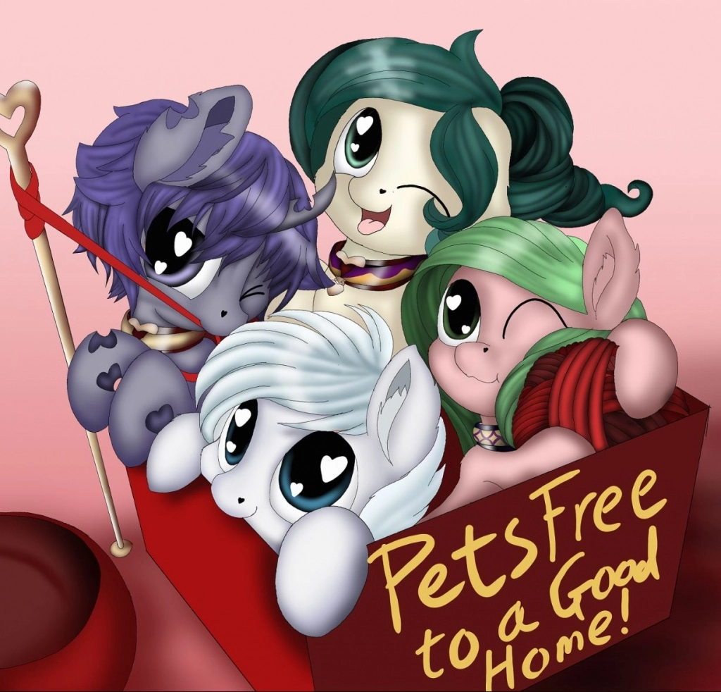 ! &lt;3 &lt;3_eyes 2017 ball_of_yarn blue_eyes bowl box changeling collar cute english_text equine fan_character fanfic_art female food_bowl friendship_is_magic green_eyes green_hair group hair horn horse in_box leash mammal manifest_harmony my_little_pony nom one_eye_closed open_mouth petplay pink_background pony purple_eyes purple_hair roleplay short_hair simple_background sitting text tongue tongue_out white_hair yarn