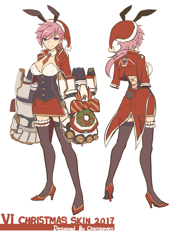 2017 alternate_costume animal_ears between_breasts blue_eyes breasts bunny_ears bunny_tail chan_qi_(fireworkhouse) cleavage full_body hat league_of_legends medium_breasts necktie necktie_between_breasts pink_hair smile standing tail thighhighs vi_(league_of_legends)