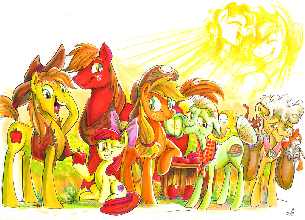 2017 apple apple_bloom_(mlp) applejack_(mlp) big_macintosh_(mlp) braeburn_(mlp) bright_mac_(mlp) cat cat_lady equine family feline food friendship_is_magic fruit goldie_delicious_(mlp) granny_smith_(mlp) horse jowybean mammal my_little_pony pear_butter_(mlp) pony sunrise traditional_media_(artwork)