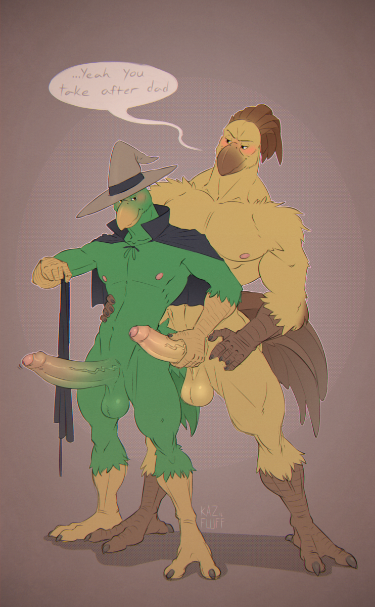 anthro avian biceps big_penis blush bridle brothers cape chocobo clothed clothing comparing comparing_penis duo english_text erection feathers final_fantasy hat hip_grab humiliation kazushi long_penis male male/male masturbation mordecai_(greeneyedt) muscular muscular_male nipples partially_clothed pecs penis sibling size_difference square_enix standing text touching_penis undressing vein video_games wizard_hat zzyzx_rhyde