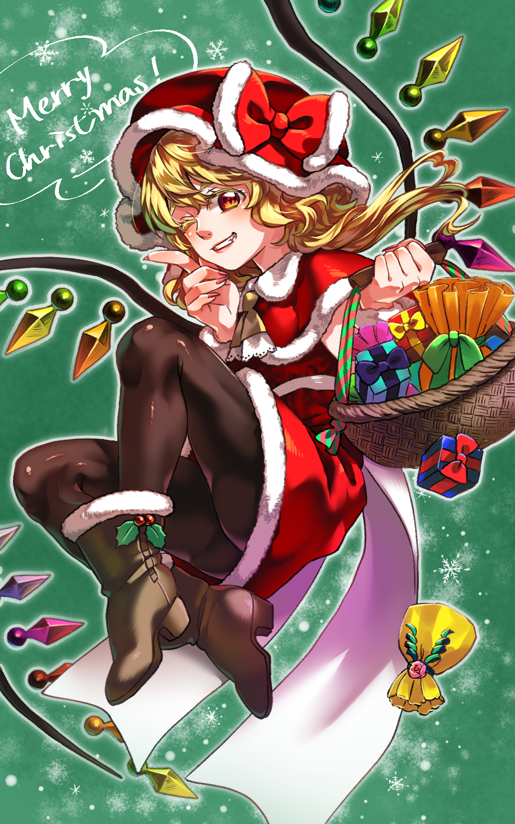 alternate_costume ascot basket black_legwear blonde_hair boots bow box brown_footwear candy capelet christmas commentary_request dress fingernails flandre_scarlet food gift gift_box green_background hat hat_bow highres holding long_fingernails long_hair merry_christmas multicolored multicolored_eyes nail_polish one_eye_closed pantyhose red_bow red_dress red_eyes red_hat red_nails santa_costume sharp_fingernails shirane_koitsu smile solo touhou wings yellow_eyes yellow_neckwear