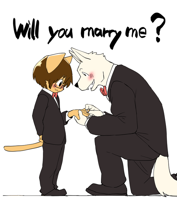 ? blush brown_fur brown_hair canine cat child cub dog duo eyewear feline fur glasses hair male mammal manmosu_marimo on_knee ring shota_feline_(marimo) simple_background standing tuxedo white_canine_(marimo) white_fur young