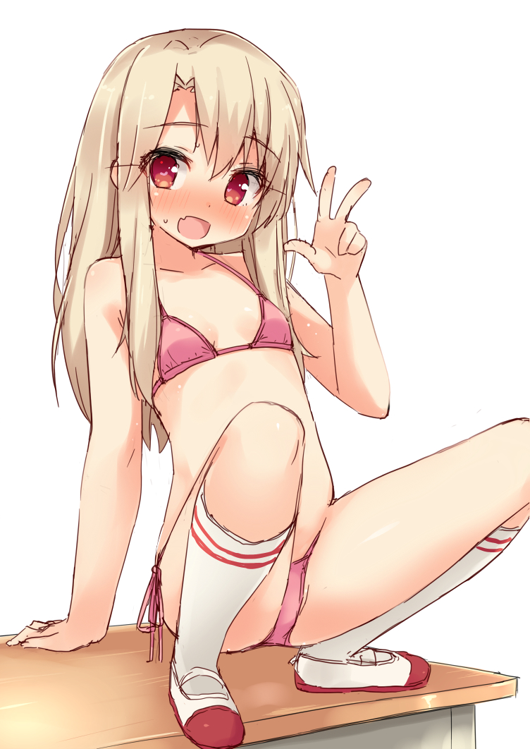 :d arm_support bikini blush breasts desk eyebrows_visible_through_hair fang fate/kaleid_liner_prisma_illya fate_(series) full_body illyasviel_von_einzbern kneehighs leaning_back light_brown_hair long_hair looking_at_viewer mokoke nose_blush open_mouth pink_bikini red_eyes school_desk side-tie_bikini side-tie_bottom sidelocks simple_background small_breasts smile solo squatting sweatdrop swimsuit w white_background white_legwear