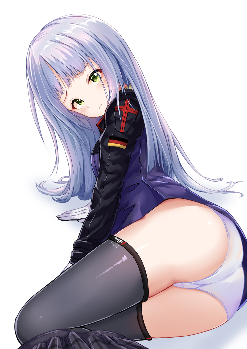 1girl arm_support ass bangs black_sleeves blue_hair blue_jacket blush commentary embarrassed eyebrows_visible_through_hair flag_print frown german_flag girls_frontline green_eyes grey_legwear grey_skirt highres hk416_(girls_frontline) jacket long_hair long_sleeves looking_at_viewer lying military_jacket on_side panties plaid plaid_skirt pleated_skirt shailiar shiny shiny_hair simple_background skirt skirt_pull solo thighhighs trefoil underwear white_background white_panties
