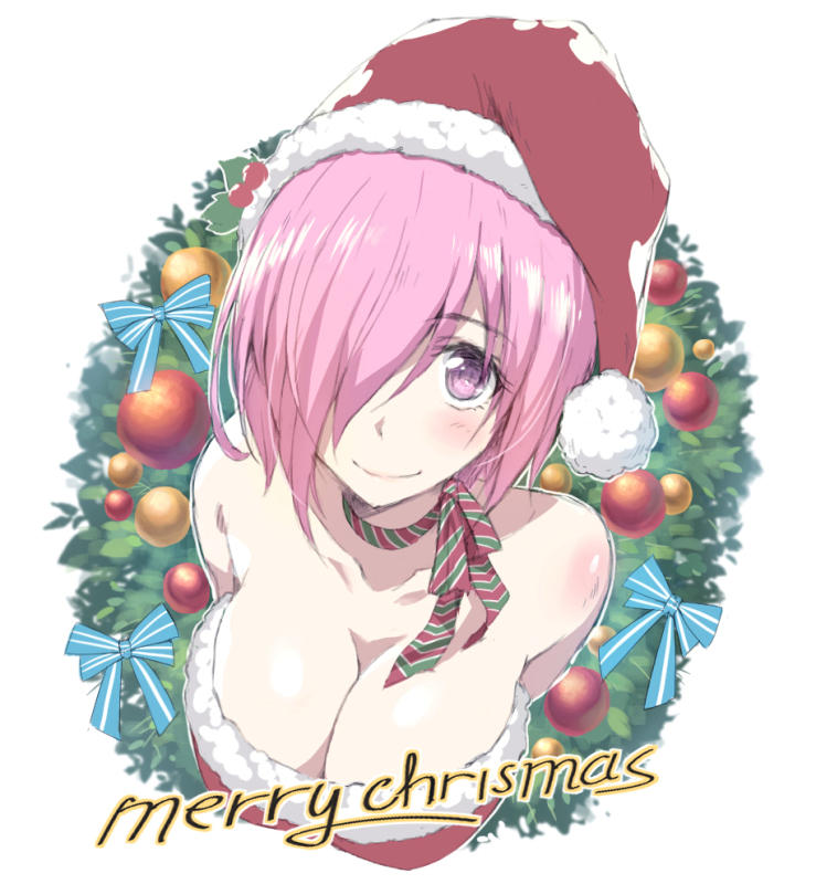 bare_shoulders blue_bow blush bobblehat bow breasts cleavage closed_mouth collarbone colored_stripes dress eyebrows_visible_through_hair fate/grand_order fate_(series) from_above fur-trimmed_dress hair_over_one_eye hat large_breasts lips looking_at_viewer looking_up mash_kyrielight merry_christmas red_dress red_hat santa_hat shiny shiny_hair short_hair simple_background smile solo strapless strapless_dress striped striped_neckwear tareme tonee upper_body white_background wreath