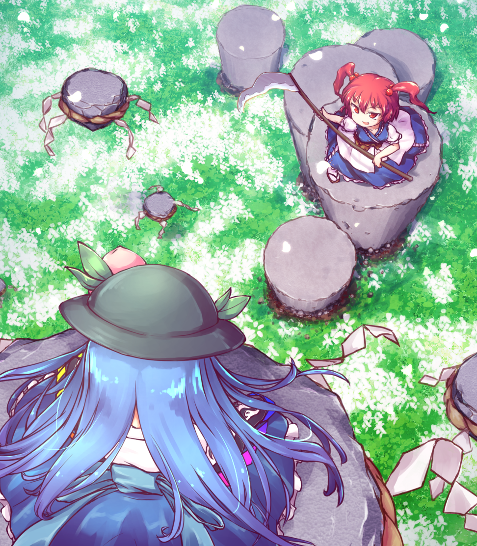 :d black_hat blue_hair blue_skirt commentary_request food from_above fruit hair_bobbles hair_ornament hat hat_leaf hinanawi_tenshi holding holding_weapon isu_(is88) keystone long_hair looking_down looking_up meadow multiple_girls onozuka_komachi open_mouth peach perspective petals puffy_short_sleeves puffy_sleeves red_eyes red_hair sandals scythe shide short_sleeves skirt smile socks touhou twintails weapon white_footwear