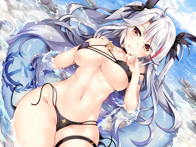 anchor azur_lane bangs bikini black_bikini black_ribbon blue_innertube blue_sky bow breasts brown_eyes cloud covered_nipples day dutch_angle eyebrows_visible_through_hair fujima_takuya hair_bow hair_ribbon hand_on_own_chest hands_up innertube large_breasts long_hair looking_at_viewer lying navel on_back outdoors parted_bangs partially_submerged prinz_eugen_(azur_lane) red_hair ribbon silver_hair sky smile solo stomach summer swimsuit thigh_strap twintails twitter_username underboob untied untied_bikini very_long_hair water wavy_hair
