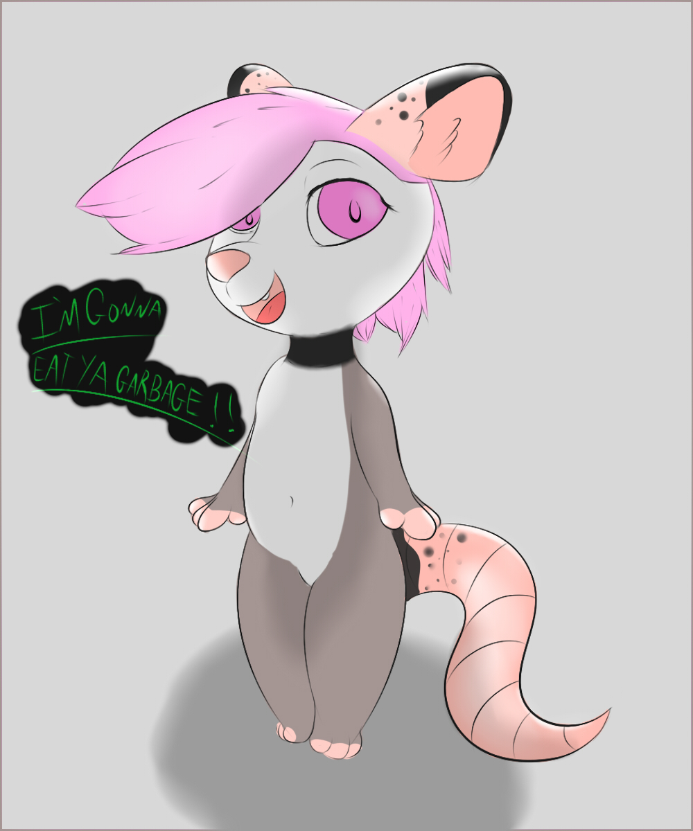 2017 3_toes absurd_res anthro chibi cute dialogue digital_media_(artwork) english_text feet female flat_chested fur hair hi_res invalid_tag looking_at_viewer mammal marsupial mikalovesyou nude open_mouth opossum pink_eyes pink_fur pink_hair simple_background smile solo standing text toes tongue