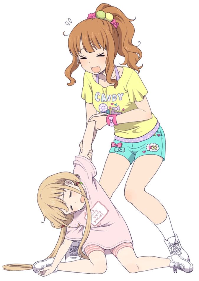 &gt;_&lt; :3 ahoge aqua_bow aqua_shorts arm_grab bangs bike_shorts blonde_hair blunt_bangs bow closed_eyes collarbone dot_nose eyelashes fingernails flying_sweatdrops futaba_anzu hair_ornament hair_scrunchie hair_tie happy heart height_difference high_ponytail horizontal_stripes idolmaster idolmaster_cinderella_girls jpeg_artifacts light_brown_hair long_hair low_twintails mattaku_mousuke moroboshi_kirari multiple_girls open_mouth pink_bow pink_scrunchie pink_shirt pink_wristband pom_pom_(clothes) pond scrunchie shirt shoelaces shoes short_shorts short_sleeves shorts sidelocks simple_background sitting smile sneakers socks star striped striped_bike_shorts striped_bow striped_shorts sweat t-shirt tired twintails very_long_hair wariza wavy_hair white_background white_footwear white_legwear wristband x3 yellow_shirt