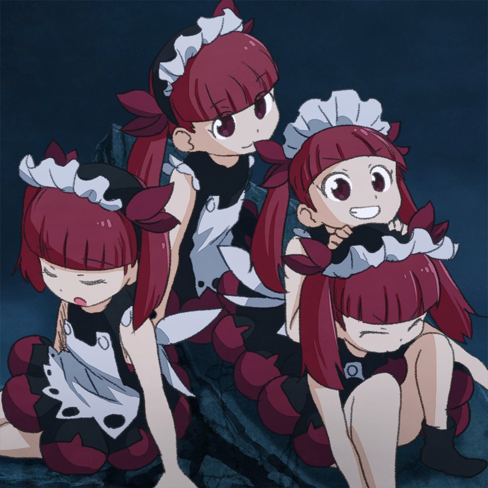 4girls bare_arms bare_shoulders commentary_request eyebrows_visible_through_hair eyes_closed grin kemurikusa long_hair maid multiple_girls multiple_persona open_mouth purple_eyes red_hair rina_(kemurikusa) sat-c sitting smile twintails v-shaped_eyebrows