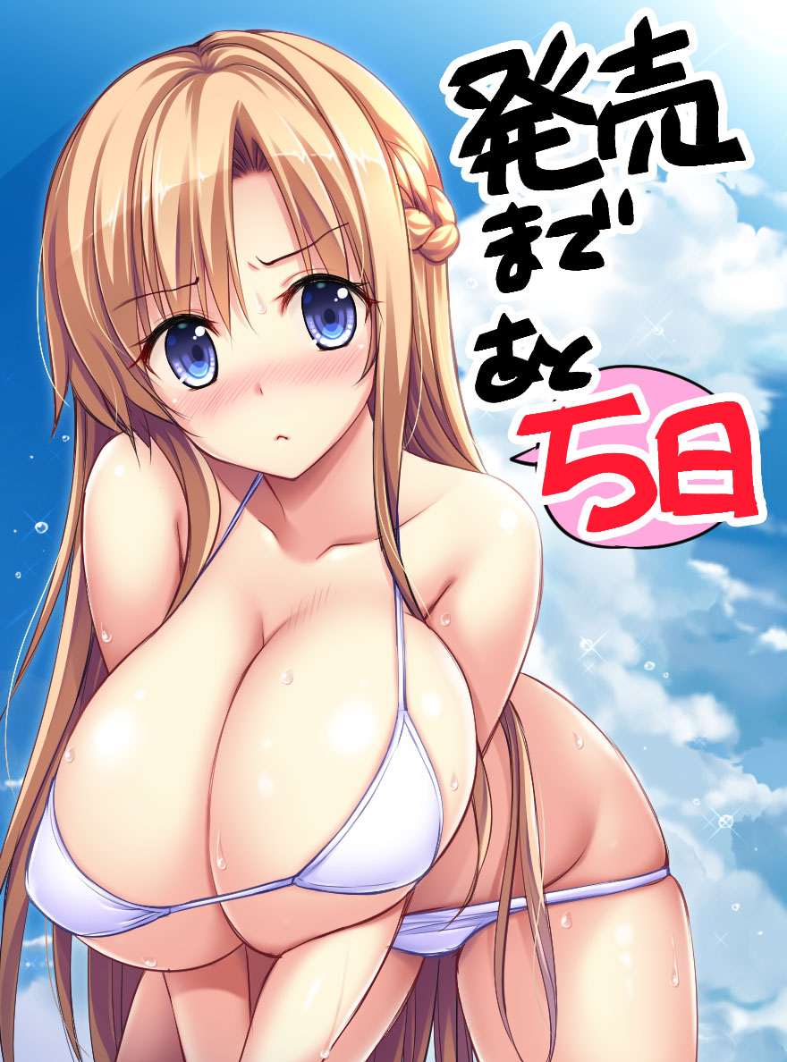 1girl bikini blue_eyes blush breasts brown_hair de_ra_u_e_a eyebrows_visible_through_hair female honoo_no_haramase_oppai_ero_appli_gakuen huge_breasts long_hair looking_at_viewer official_art shiramine_sumika sky solo squeez sweat translation_request