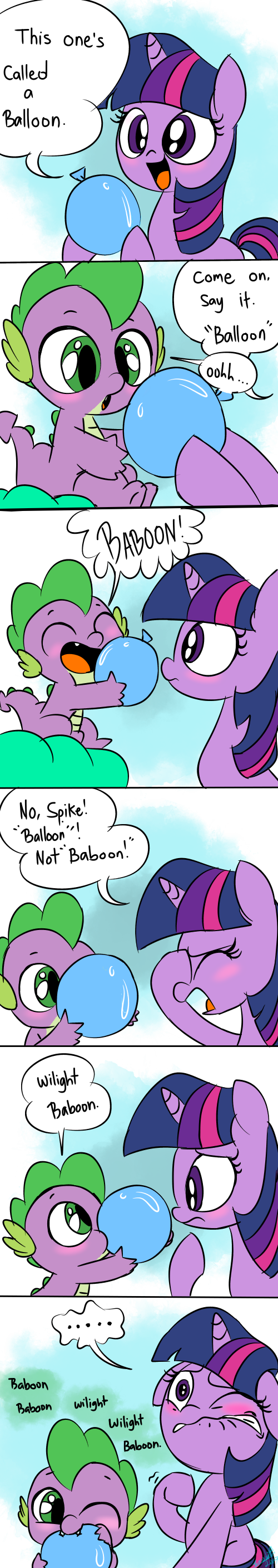 ! 2017 balloon blush comic cub cute dialogue dragon duo emositecc english_text equine eyelashes eyes_closed friendship_is_magic frown green_eyes hair horn mammal multicolored_hair my_little_pony nom one_eye_closed open_mouth purple_eyes sitting speech_bubble spike_(mlp) teeth text tongue twilight_sparkle_(mlp) unicorn young