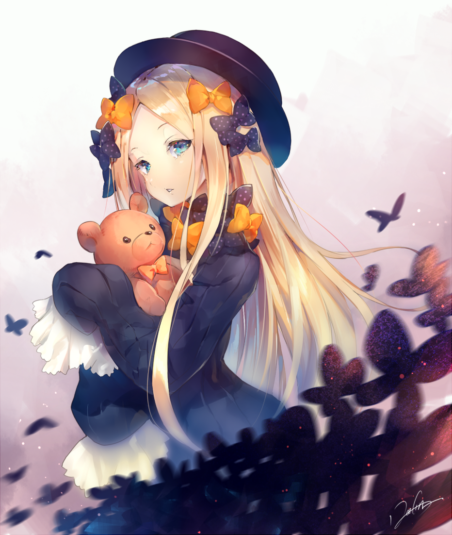 abigail_williams_(fate/grand_order) bangs black_bow black_dress black_hat blonde_hair blue_eyes bow bug butterfly commentary_request deecha dress fate/grand_order fate_(series) forehead hair_bow hat insect long_hair long_sleeves looking_away object_hug orange_bow parted_bangs parted_lips polka_dot polka_dot_bow signature sleeves_past_fingers sleeves_past_wrists solo stuffed_animal stuffed_toy teddy_bear very_long_hair