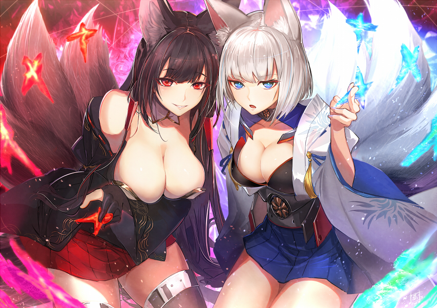 akagi_(azur_lane) akaitera animal_ears azur_lane bangs banned_artist bare_shoulders black_gloves black_legwear blue_eyes blue_skirt blunt_bangs breasts brown_hair cleavage collar collarbone commentary_request cowboy_shot detached_sleeves electricity eyebrows_visible_through_hair fire fox_ears fox_girl fox_tail gloves japanese_clothes kaga_(azur_lane) kimono kitsune large_breasts leaning_forward long_hair long_sleeves looking_at_viewer multiple_girls multiple_tails obi open_clothes open_kimono parted_lips partly_fingerless_gloves red_eyes red_skirt ribbon_trim sash short_hair signature silver_hair skirt smile standing tail thighhighs thighs underbust very_long_hair white_kimono wide_sleeves zettai_ryouiki