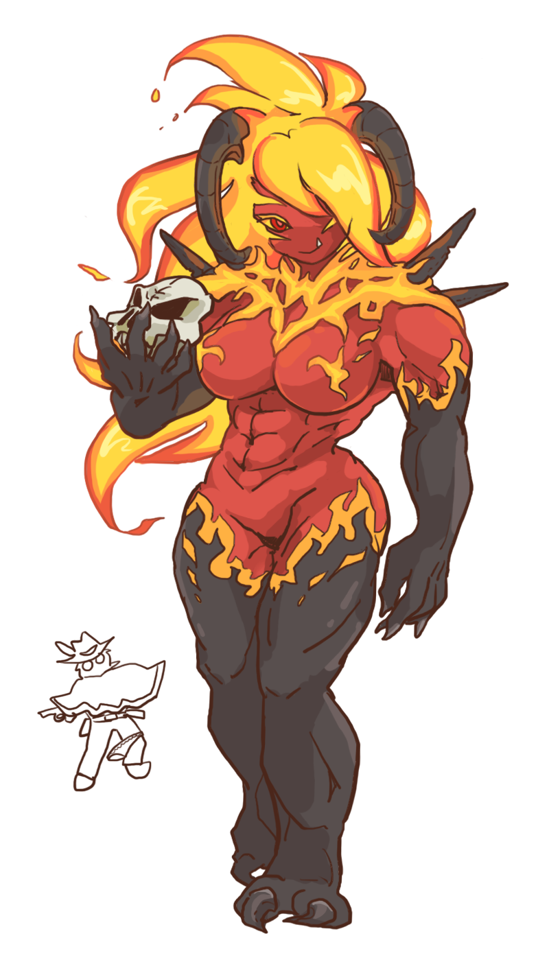 1boy 1girl abs basilissa breasts cowboy cowboy_hat demon demon_girl demoness doom_(game) feather fire fire_elemental fire_hair giant_monster hat high_noon_drifter horns large_breasts looking_at_viewer monster monster_girl muscle muscular_female nude original red_eyes skull smile unmasked