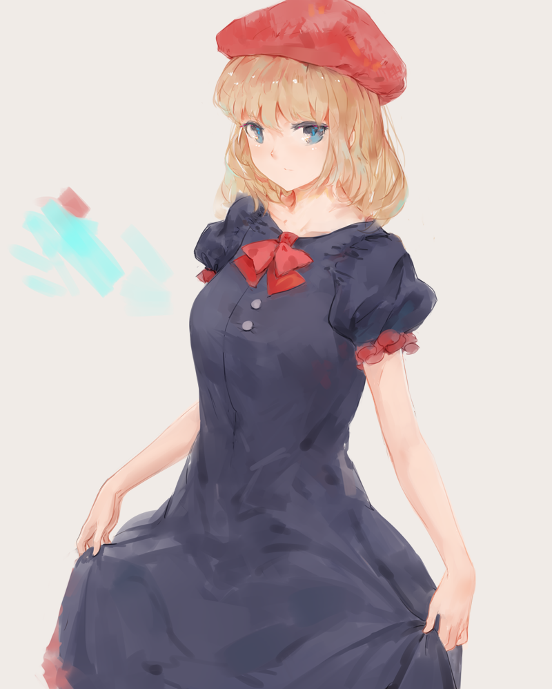 black_dress blonde_hair blue_eyes closed_mouth color_guide commentary_request curtsey dress hat kisei2 light_brown_background looking_at_viewer original puffy_short_sleeves puffy_sleeves red_hat short_hair short_sleeves simple_background solo standing