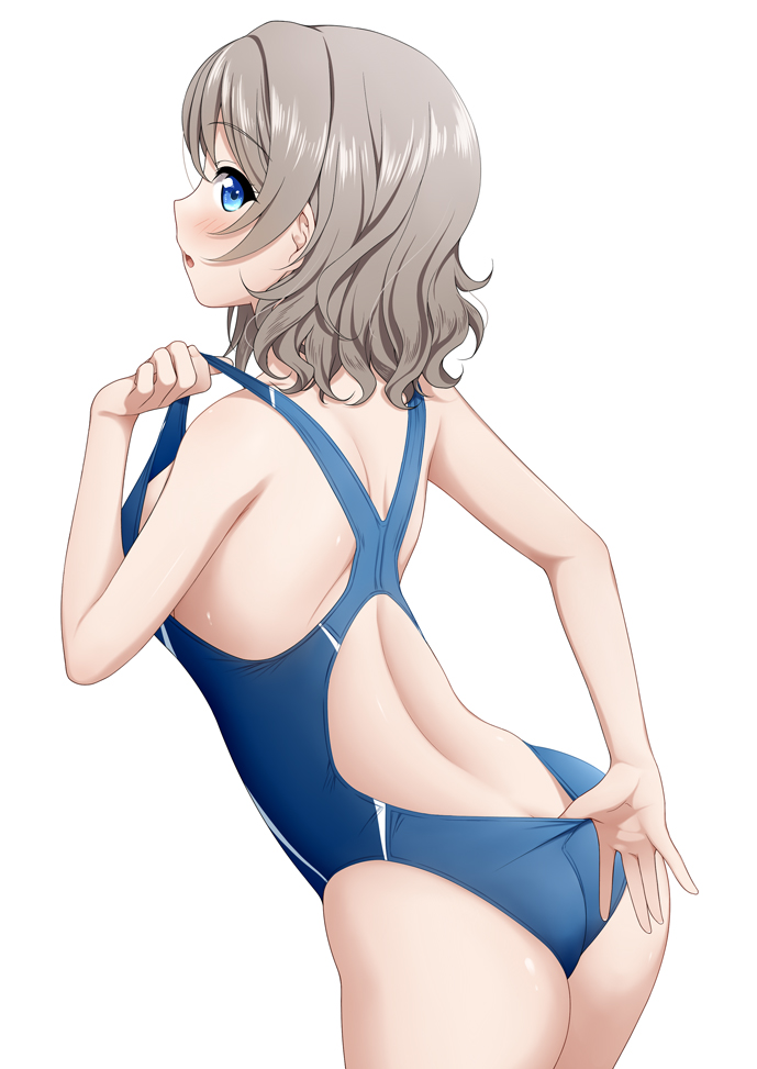 adjusting_clothes adjusting_swimsuit ass back bangs blue_eyes blue_swimsuit blush breasts competition_swimsuit eyebrows_visible_through_hair grey_hair leaning_forward looking_at_viewer looking_back love_live! love_live!_sunshine!! medium_breasts miel_(lessontome) one-piece_swimsuit open_mouth short_hair simple_background solo swimsuit watanabe_you white_background