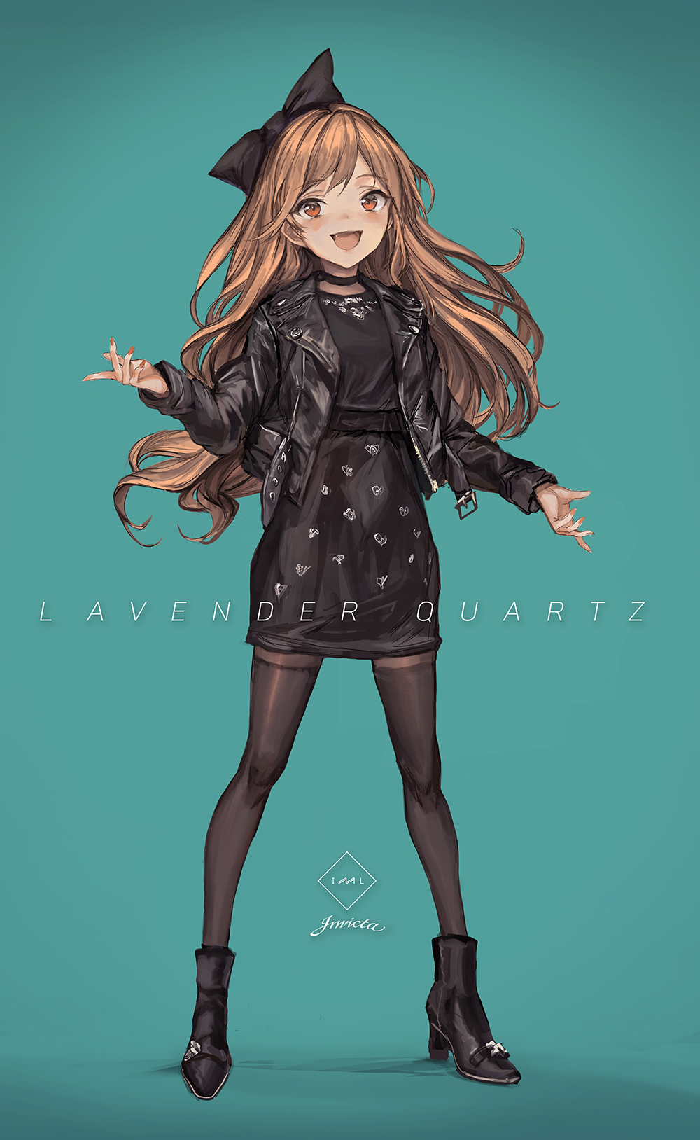 :d ankle_boots bangs black_bow black_choker black_dress black_jacket black_legwear blue_background blush boots bow brown_hair choker dress eyebrows_visible_through_hair fingernails full_body hair_bow high_heel_boots high_heels highres jacket lavender lavender_quartz leather leather_jacket legs_apart lm7_(op-center) long_hair long_sleeves looking_at_viewer nail_polish open_clothes open_jacket open_mouth original pantyhose quartz red_eyes red_nails simple_background smile solo standing