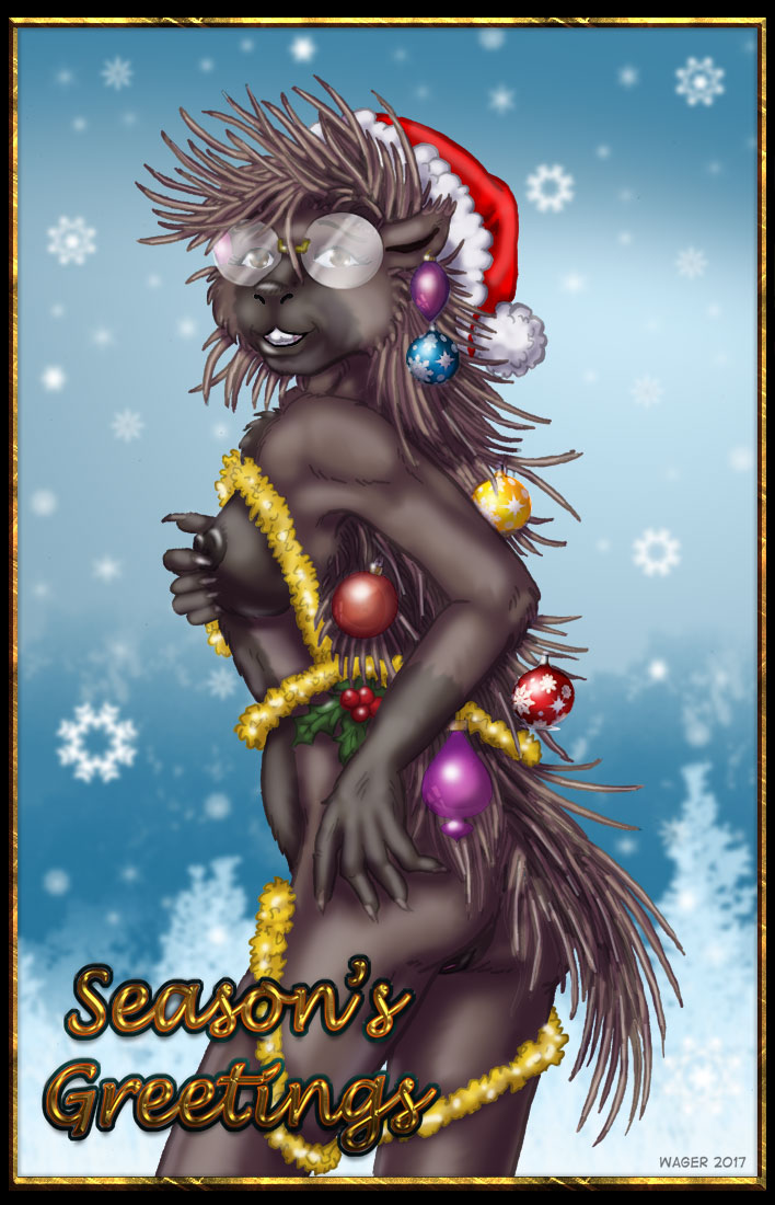 2017 abstract_background anthro breasts butt christmas christmas_decorations ear_piercing eyewear female glasses hand_on_breast hand_on_hip hat holidays looking_at_viewer looking_back mammal mostly_nude nipples piercing porcupine pussy rear_view rodent santa_hat small_breasts smile solo style_wager tanya_quille text