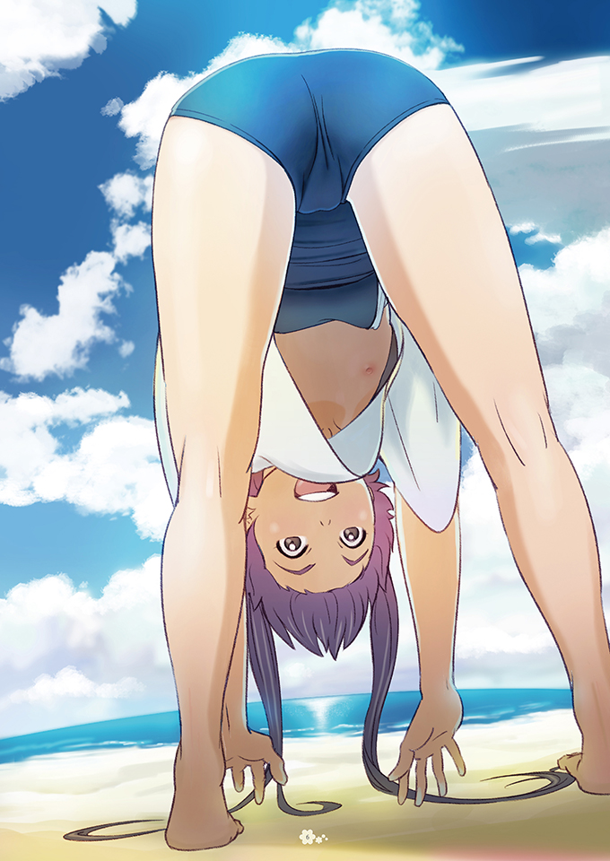 ass barefoot beach bent_over brown_eyes brown_hair cameltoe cloud commentary_request competition_school_swimsuit day flat_chest from_behind hiyori_mizuki kneepits legs long_hair looking_back nipples off_shoulder one-piece_swimsuit open_mouth original outdoors school_swimsuit shirt sky smile solo swimsuit swimsuit_under_clothes twintails white_shirt
