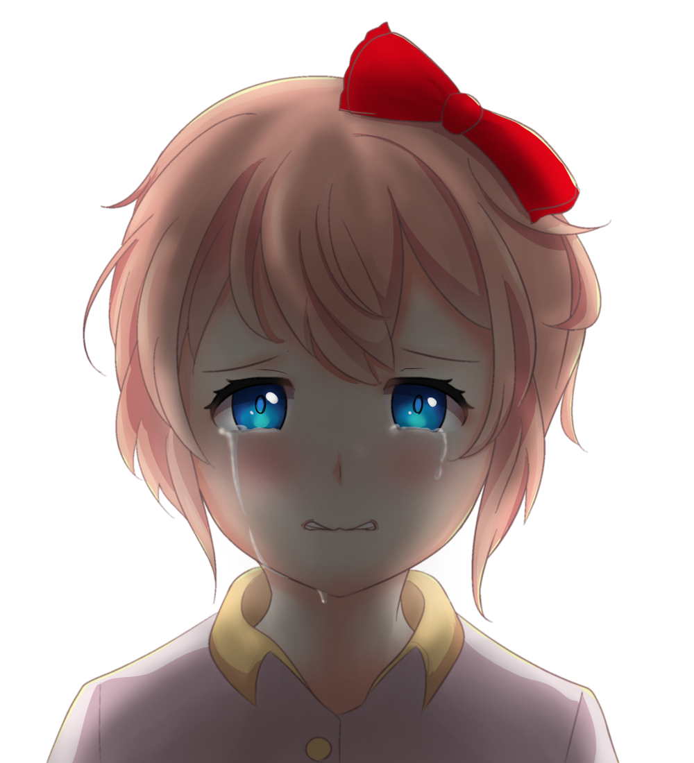blue_eyes bow crying crying_with_eyes_open depressed doki_doki_literature_club hair_bow pink_hair sad sayori_(doki_doki_literature_club) short_hair solo tears