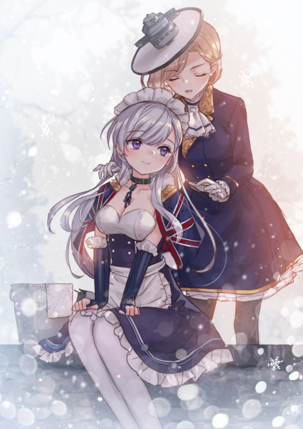 :d azur_lane bad_id bad_pixiv_id bangs belfast_(azur_lane) between_breasts black_dress black_gloves black_legwear blonde_hair blue_coat breasts bucket capelet chain cleavage closed_eyes closed_mouth coat collarbone commentary_request dress earrings elbow_gloves eyebrows_visible_through_hair fingernails flag_print frilled_dress frilled_gloves frills fur-trimmed_capelet fur_trim gloves hat hood_(azur_lane) jewelry maid maid_headdress medium_breasts multiple_girls off-shoulder_dress off_shoulder open_mouth pantyhose print_capelet purple_eyes silver_hair smile snowflakes snowing standing tsukigami_runa union_jack white_gloves white_hat white_legwear winter_clothes winter_coat