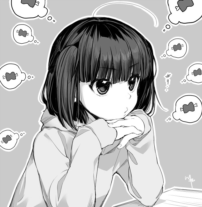 ahoge bangs boned_meat closed_mouth commentary_request copyright_request elbows_on_table eyebrows_visible_through_hair fingernails food grey_background greyscale hood hood_up hoodie interlocked_fingers kawai_makoto koufuku_graffiti meat monochrome morino_kirin pout short_hair signature simple_background solo thought_bubble two_side_up