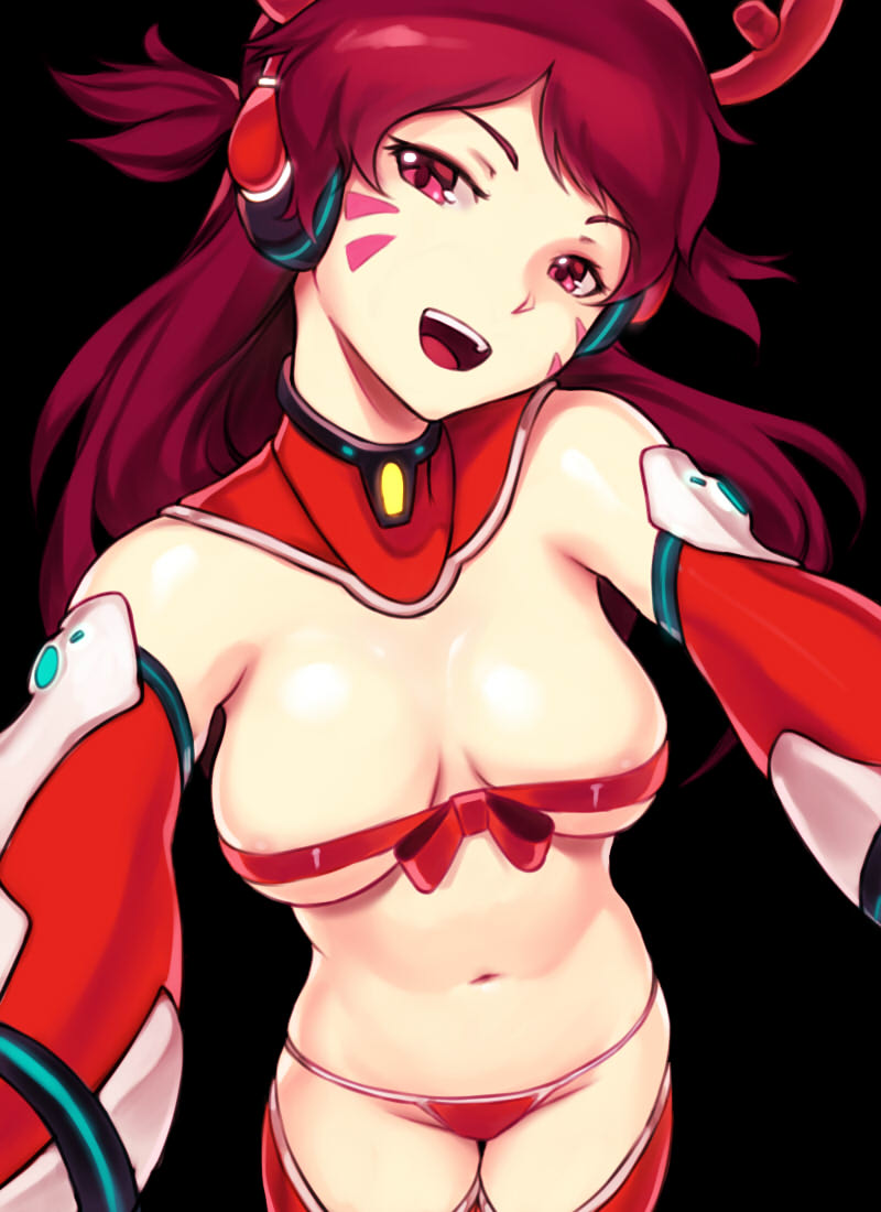 alternate_eye_color bangs black_background bodysuit bow bow_bra bra breasts brown_hair collarbone cowboy_shot d.va_(overwatch) facial_mark head_tilt headphones impossible_clothes long_hair looking_at_viewer medium_breasts navel open_mouth outstretched_arms overwatch panties pink_eyes reaching_out red_panties red_ribbon ribbon ribbon_bra self_shot sieyarelow simple_background smile solo swept_bangs thighhighs underwear upper_teeth whisker_markings