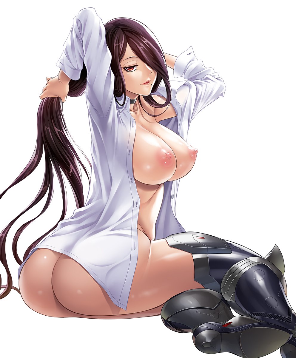 1girl armor armpits ass boots breasts brown_hair curvy erect_nipples female fuuma_saika hair_over_one_eye huge_ass large_breasts lilith-soft long_hair looking_at_viewer looking_back makeup navel nipples nude open_mouth orange_eyes puffy_nipples red_eyes shiny shiny_hair shiny_skin simple_background sitting skin_tight smile solo straight_hair taimanin_(series) taimanin_asagi taimanin_asagi_battle_arena thigh_boots thighhighs tight very_long_hair white_background zol
