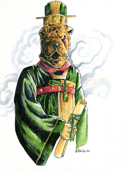 2004 anthro brown_fur canine chinese_clothing clothed clothing fur hat heather_bruton ironclaw_(rpg) jadeclaw male mammal scroll shar_pei solo tassels