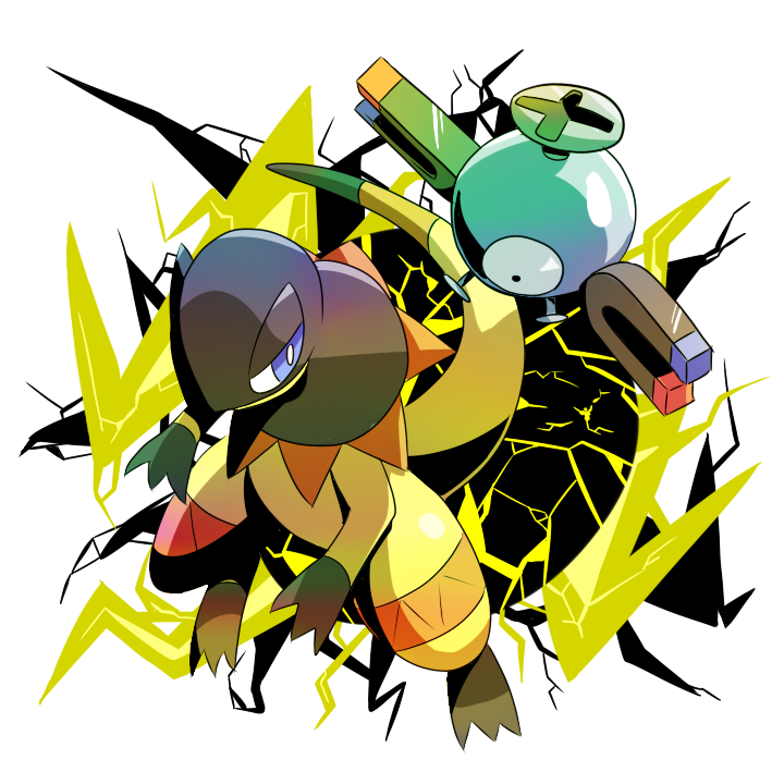 black_eyes blue_eyes electricity eye_contact feet floating from_above full_body half-closed_eyes heliolisk kanikou7 lizard looking_to_the_side magnemite pokemon pokemon_(creature) pokemon_rgby pokemon_xy simple_background standing tail white_background