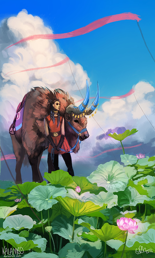 ambiguous_gender antelope belt bridle clothed clothing cloud detailed_background duo female feral flower gloves gnu holding_object human kalambo lotus_flower mammal nature outside pants plant reins saddle sky standing storm tunic