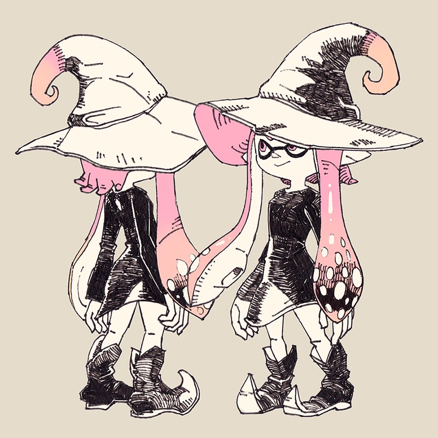 2018 5_fingers animal_humanoid boots cephalopod cephalopod_humanoid clothing collage dress female footwear hair halloween hat holidays humanoid inkling long_hair marine nintendo pink_eyes pink_hair pose simple_background solo splatoon standing tentacle_hair tentacles video_games witch_hat yuta_agc