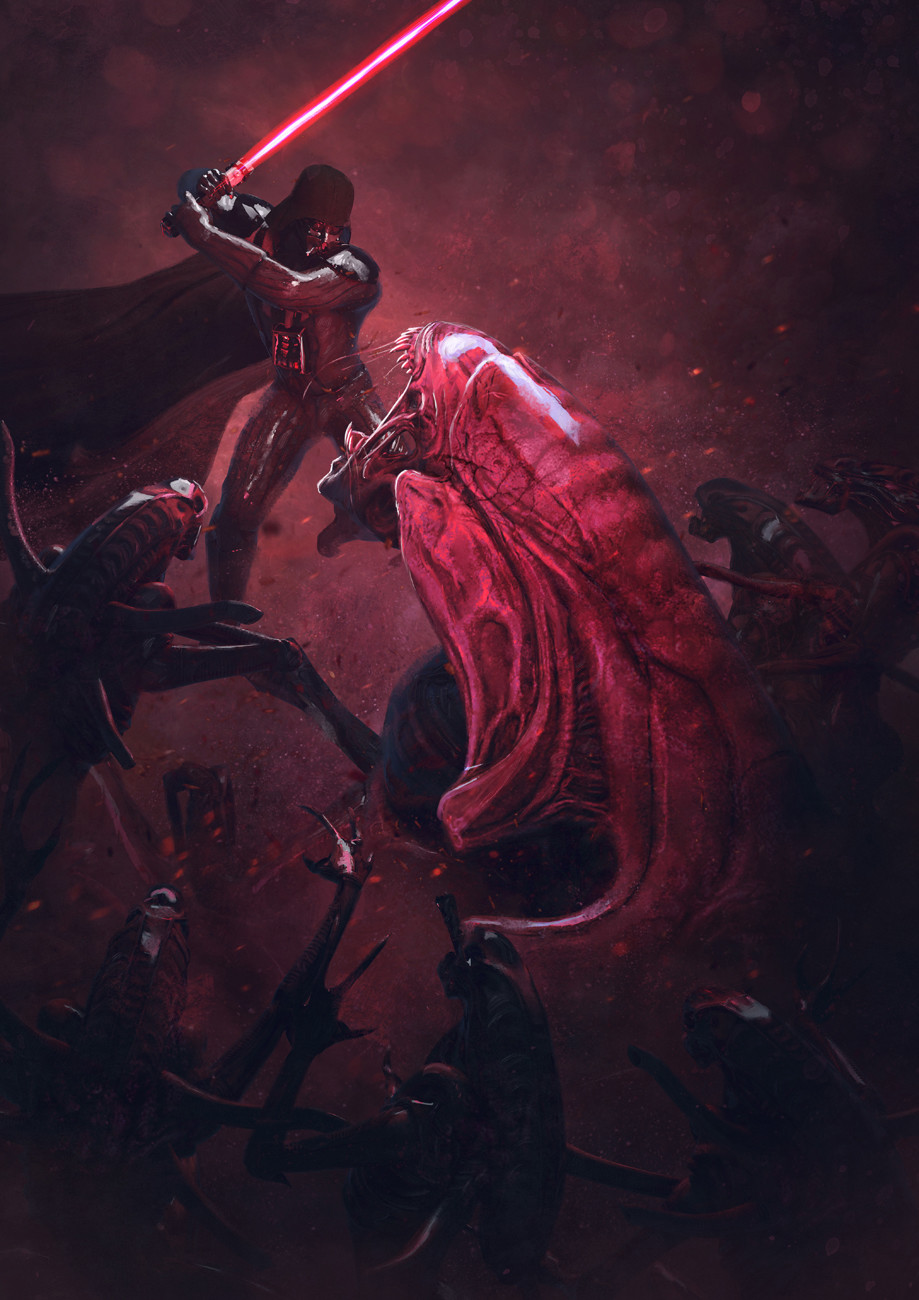 501st_legion_:_vader's_fist_vs_space_cockroaches alien_queen aliens cape crossover darth_vader drooling energy_sword epic guillem_h_pongiluppi helmet highres holding_sword holding_weapon lightsaber open_mouth profile realistic saliva sith star_wars sword weapon xenomorph