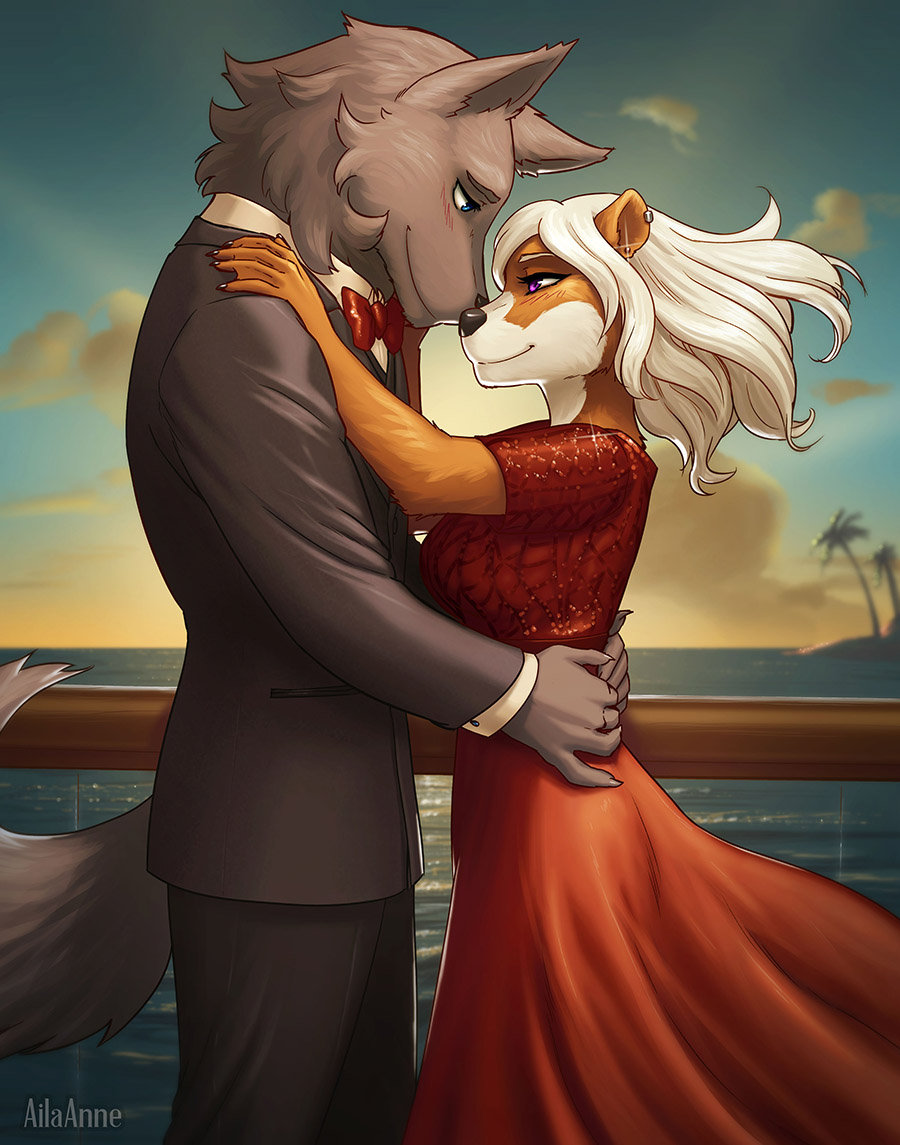 ailaanne anthro blue_eyes bow_tie canine claws clothed clothing cloud dancing duo ear_piercing eye_contact female fur grey_fur hair hand_on_shoulder hand_on_waist male mammal mustelid neck_tuft otter outside palm_tree piercing pink_eyes red_dress sea sky suit tree tuft water webbed_hands white_hair wolf