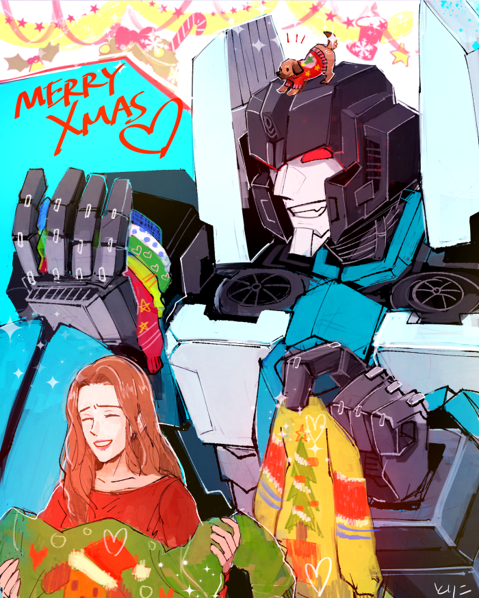1girl 80s animal buster_(dog) character_request closed_eyes clothed_animal commentary_request decepticon dog long_hair mecha oldschool open_mouth pet red_eyes smile thundercracker toriko_(hogetara) transformers upper_body